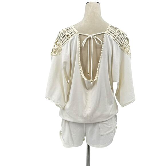 L Space Callisto White Crochet Shoulders Relaxed Top Scoop Back Romper Coverup - Picture 6 of 13